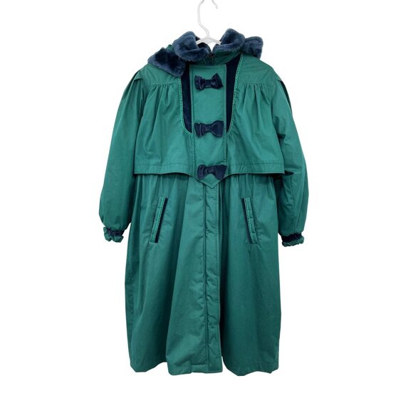 Vintage Rothschild Green Faux Fur Hooded Coat Womens M/L Velvet Bows Used Unique - Picture 1 of 16